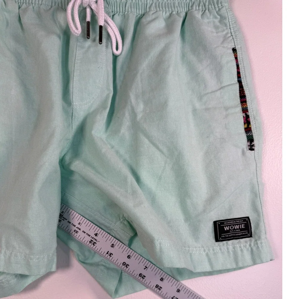 Wowie Aztec Shorts Men L Mint Green Geometric Trim Drawstring Casual Unlined EUC
